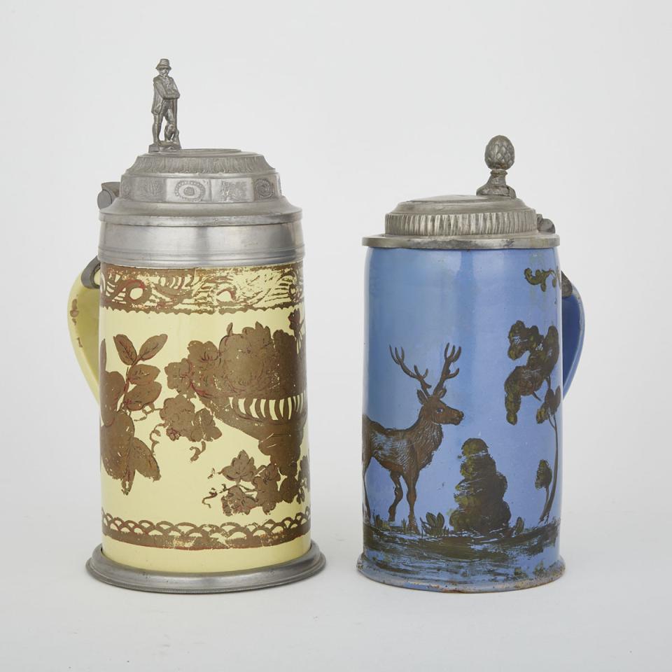 Two German Pewter Mounted Yellow or Blue Ground Faience Steins, Schrezheim and Ansbach, 19th century
