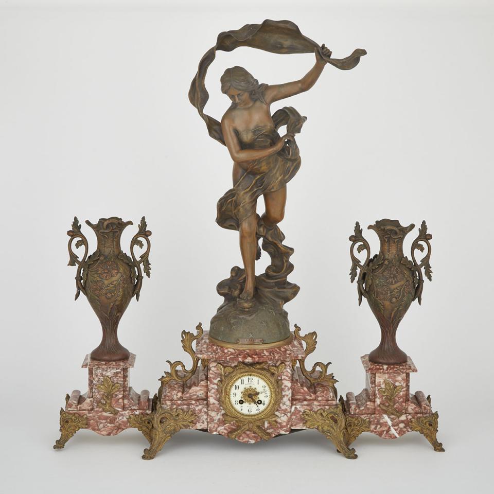 French Art Nouveau Patinated White Metal and Marble Clock Garniture, c.1890