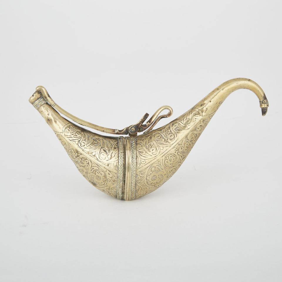 Indo Persian Engraved Brass Primer Powder Flask, 19th century