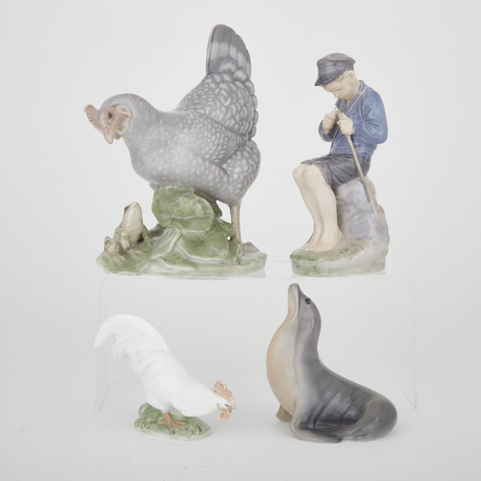 Royal Copenhagen Model of a Hen with Frog, Small Rooster, Seal and Seated Boy Whittling a Stick, 20th century