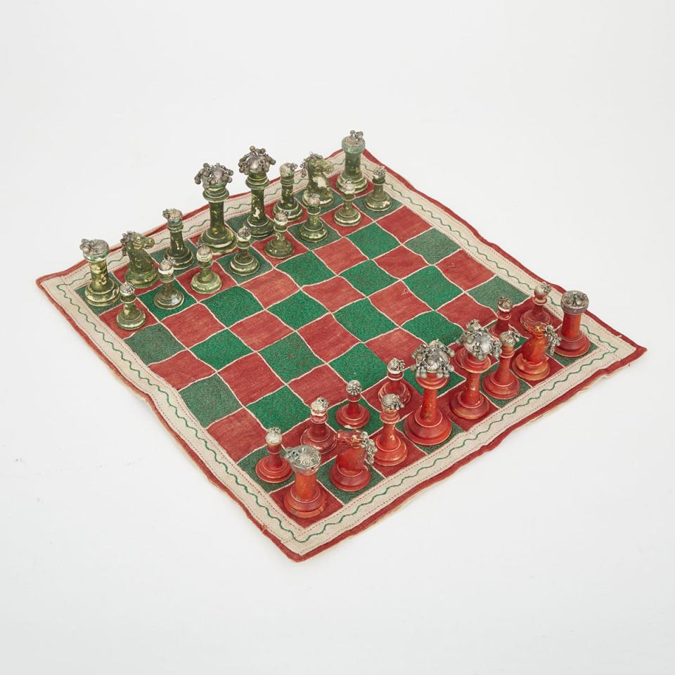Indian Silver Mounted Turned Bone ‘Rattle Top’ Chess Set, early 20th century