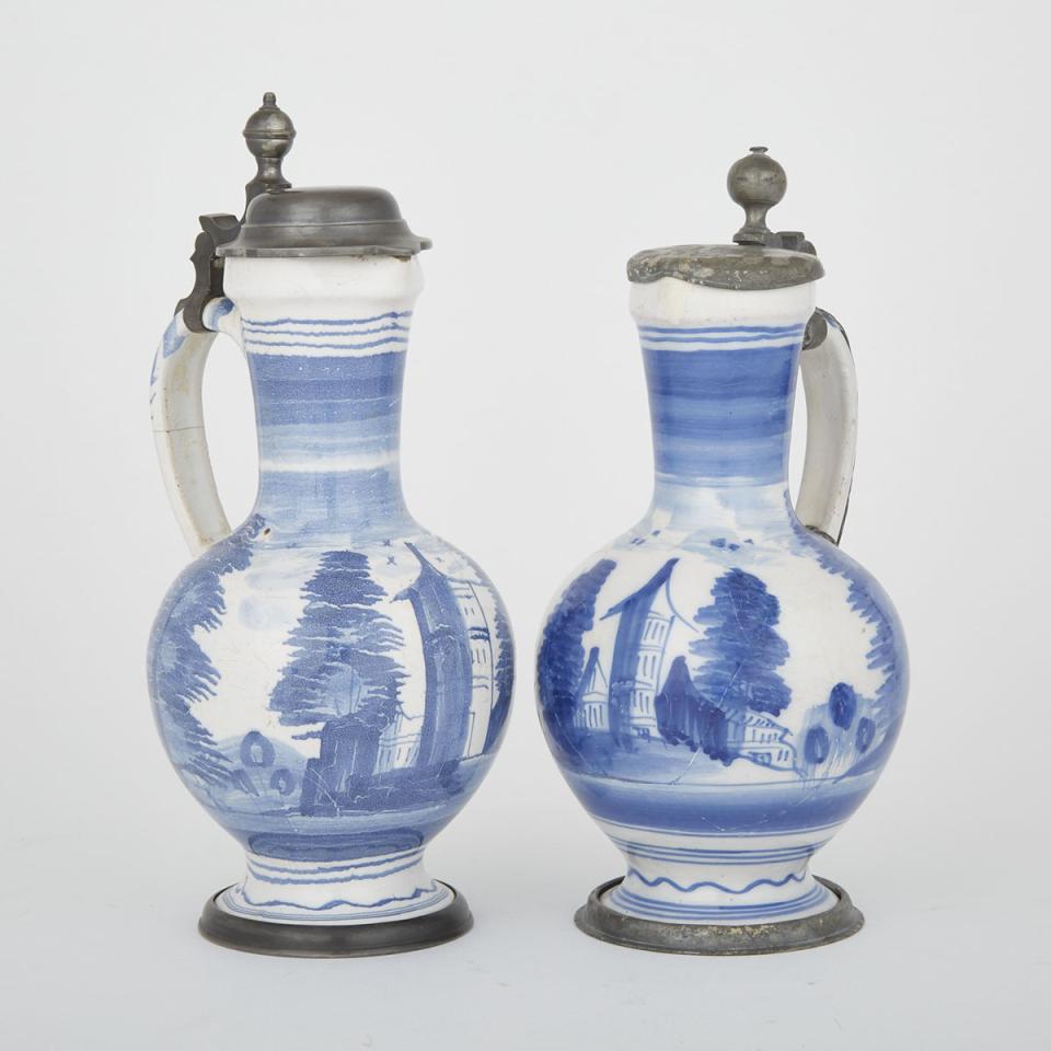 Two German Pewter Mounted Blue Decorated Faience Jugs, 18th/19th century