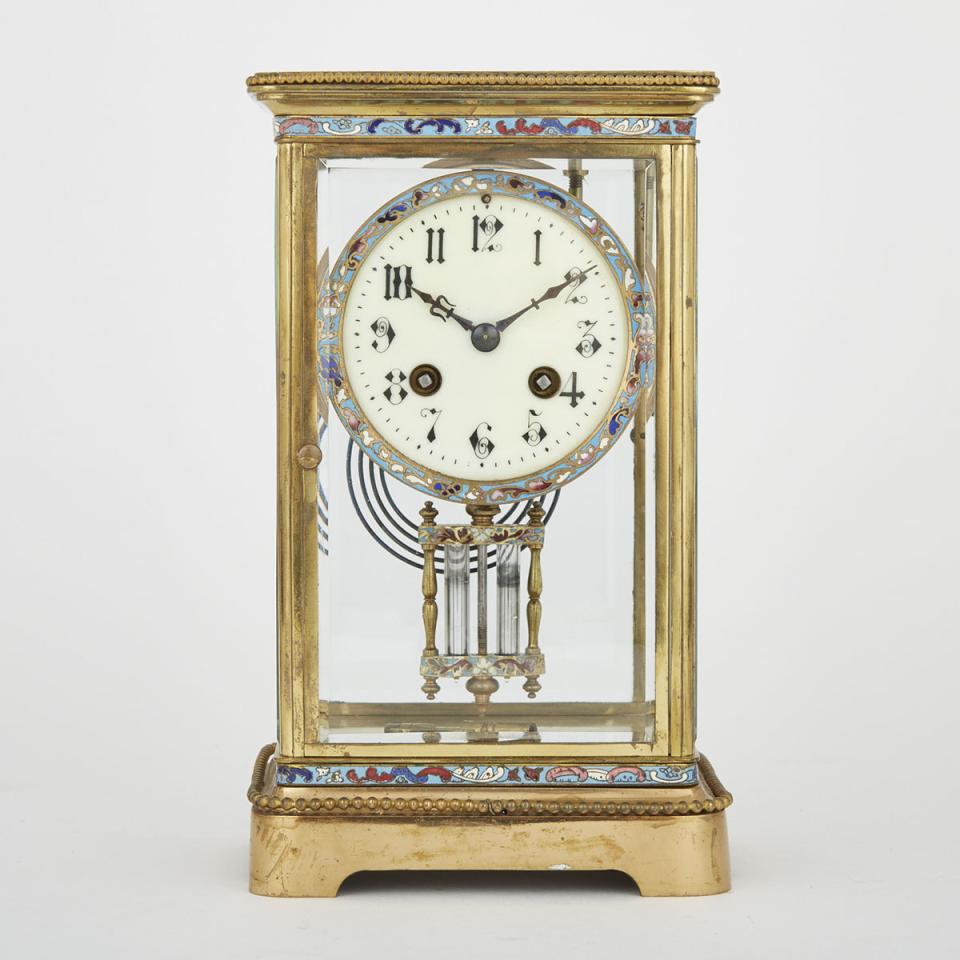 French Champlevé Enamelled Gilt Brass Four Glass Panel Regulator Clock, early 20th century