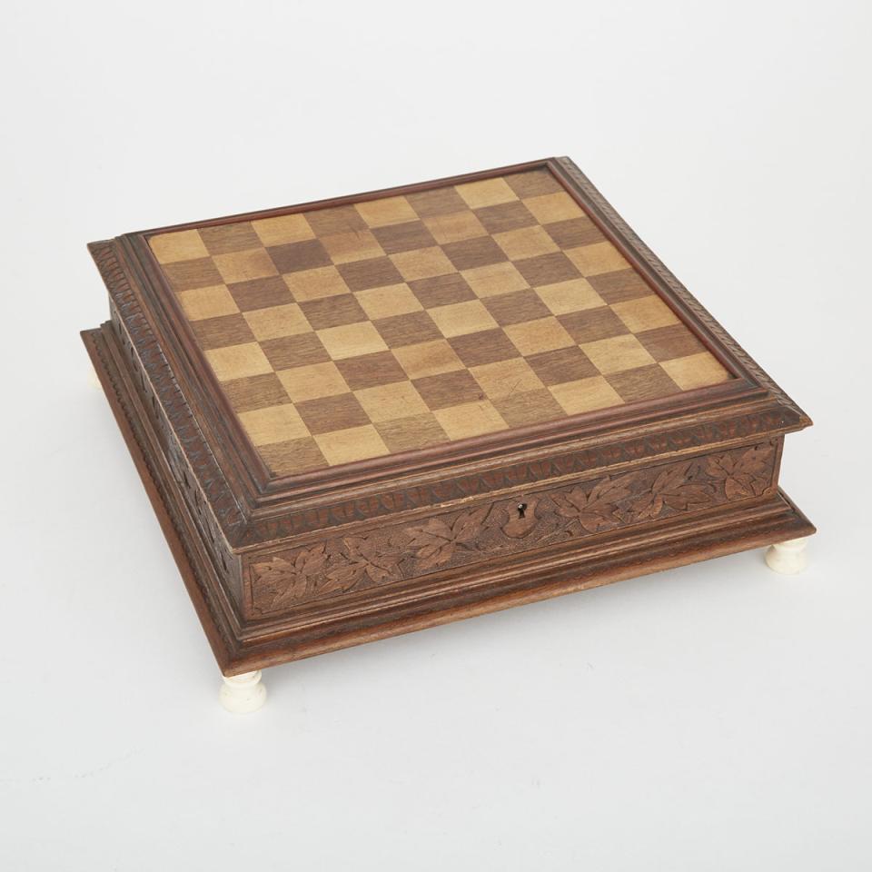 German Black Forest Carved Walnut Game Board/Case, mid 201th century