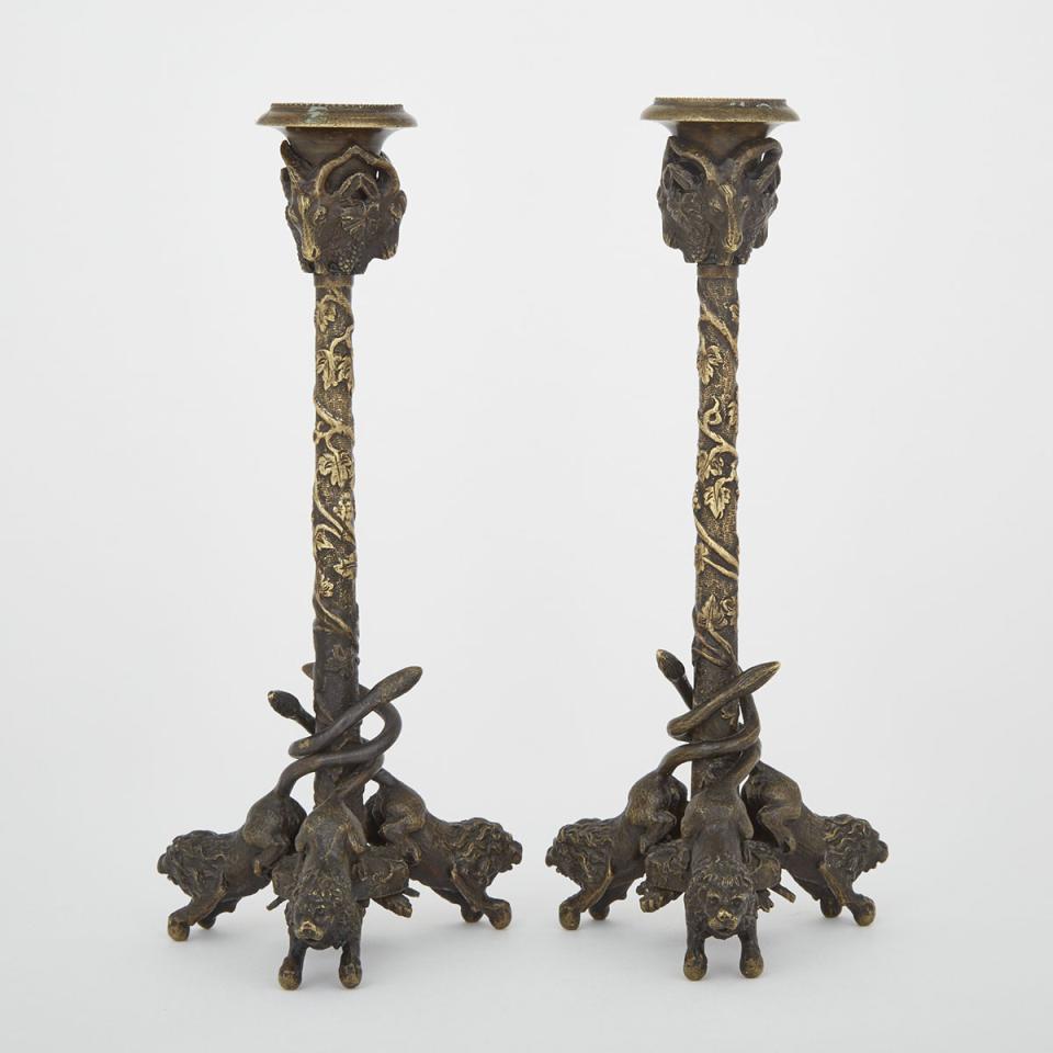 Pair of Italian Renaissance Style Patinated Bronze Candlesticks, early-mid 19th century