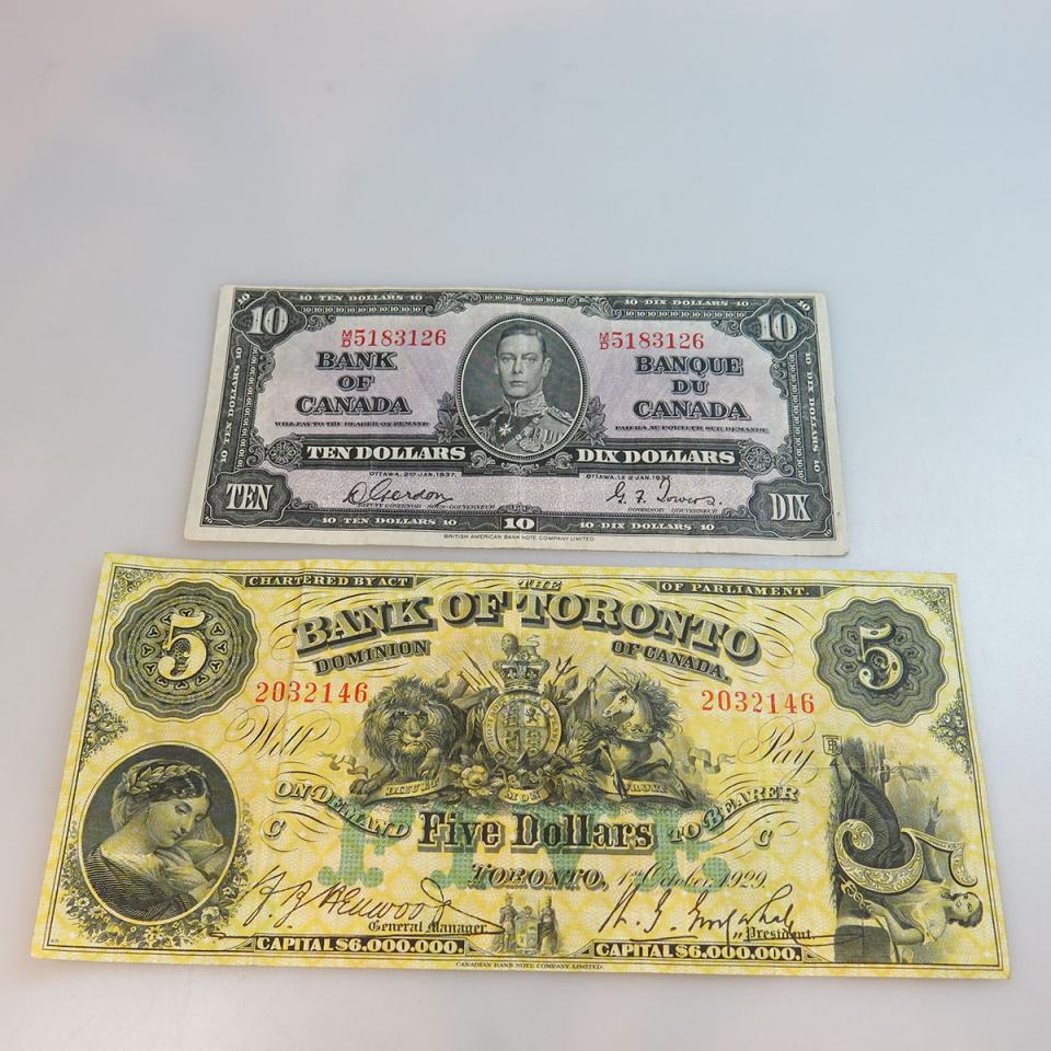 Bank Of Toronto 1929 $5 Bank Note And a Canadian 1937 $10 Bank Note