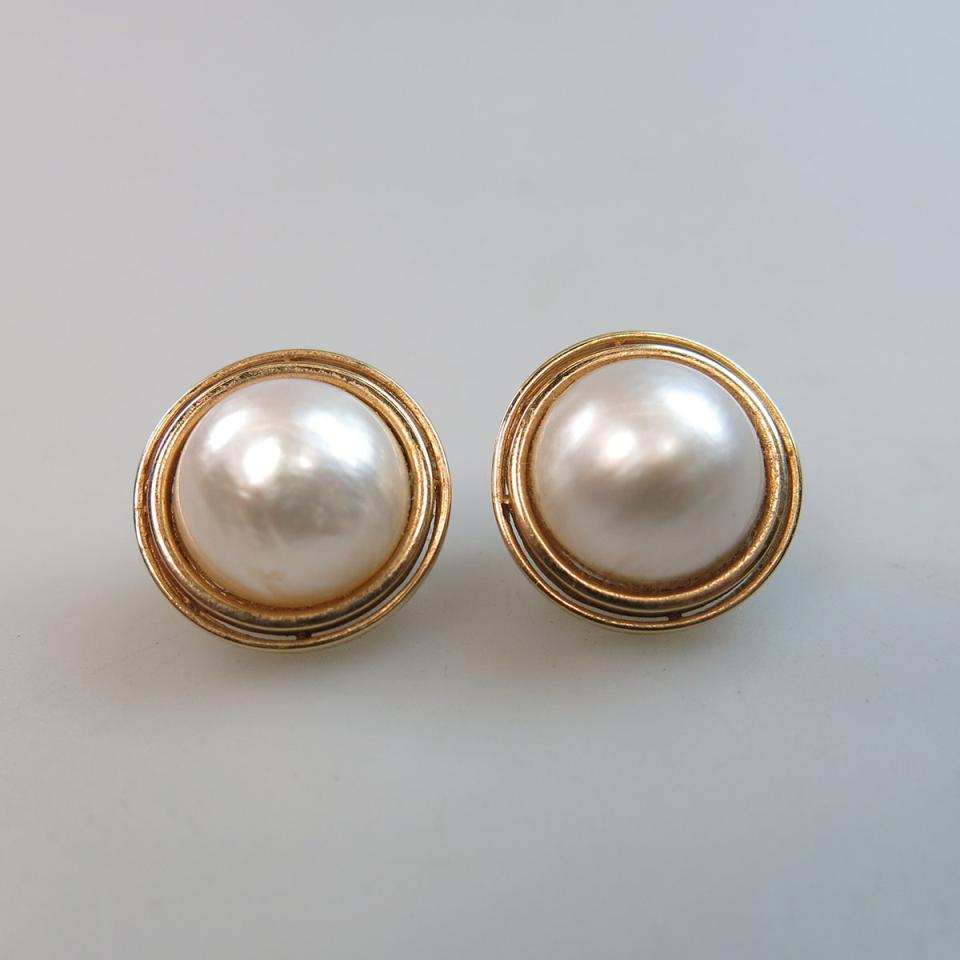 Pair of 14k Yellow Gold Mabe Pearl Button Earrings