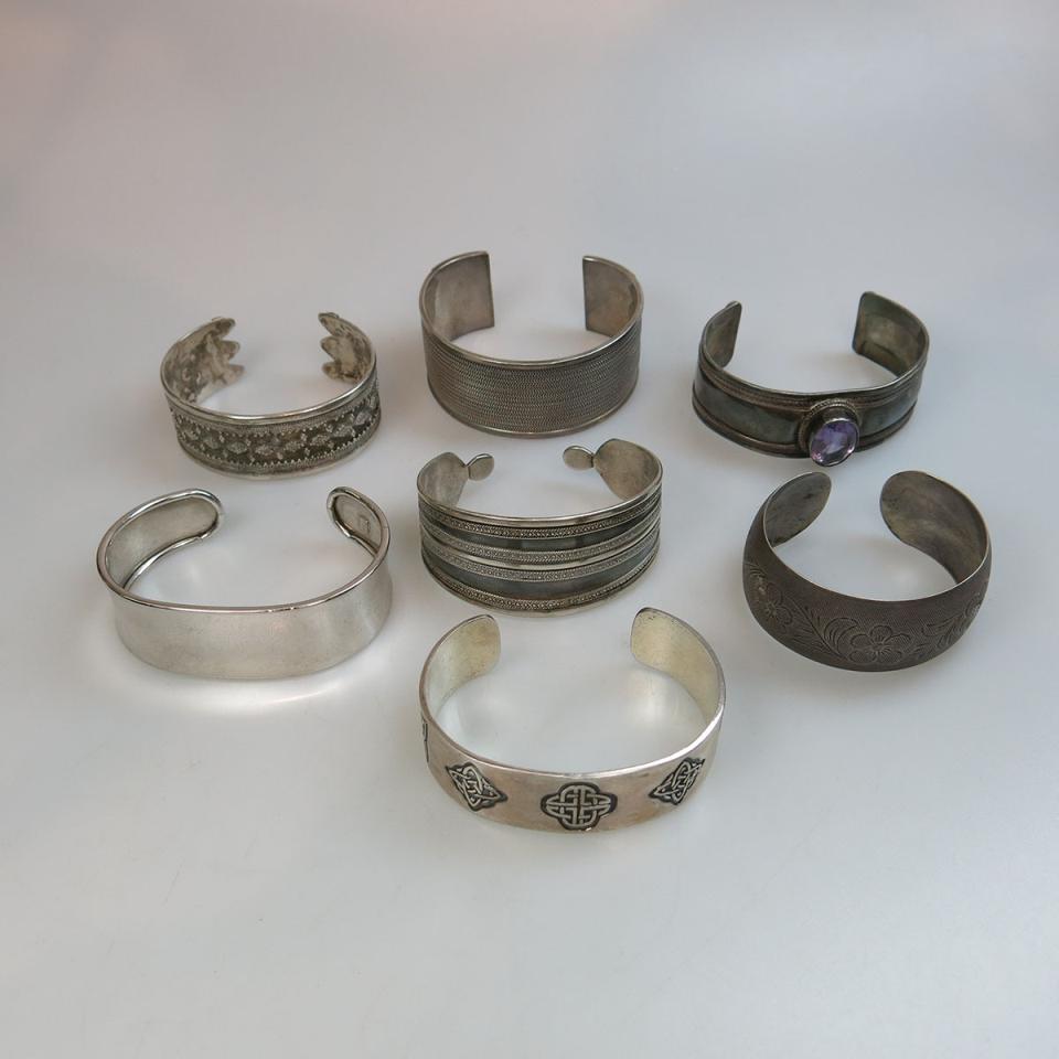 7 Various Silver Open Cuff Bangles