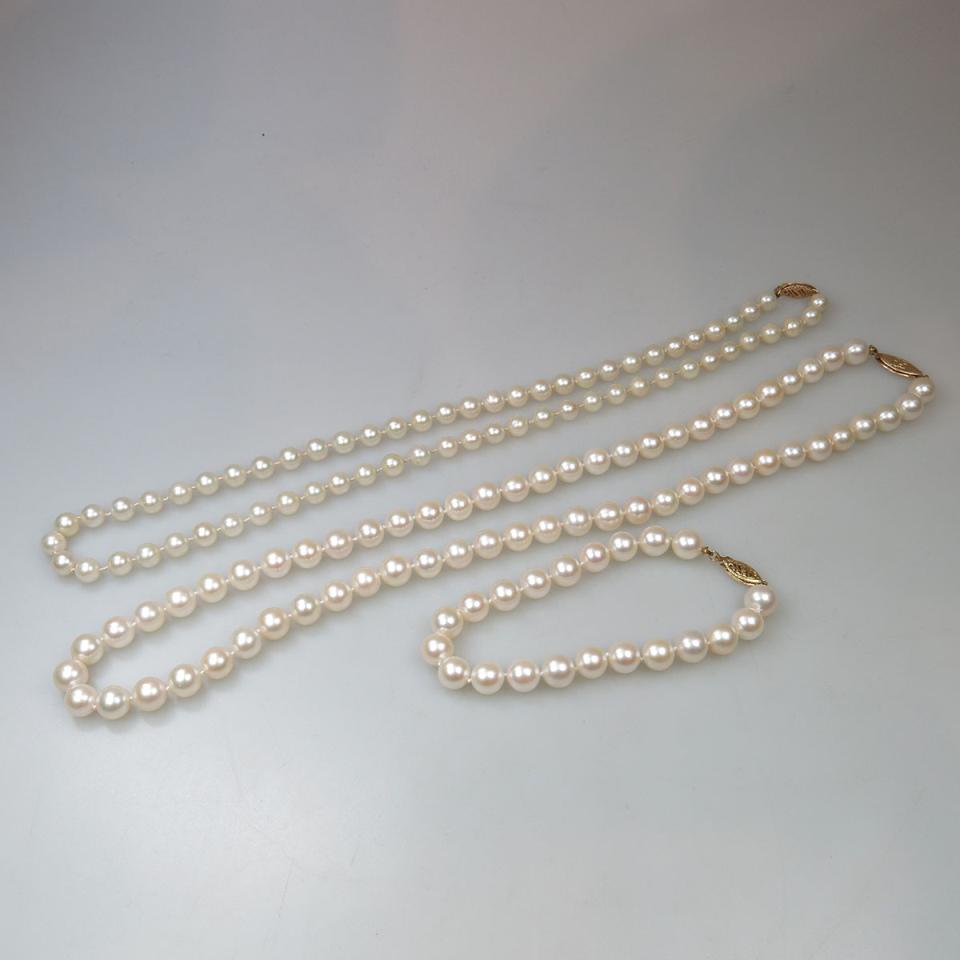 Two Cultured Pearl Necklaces And A Bracelet
