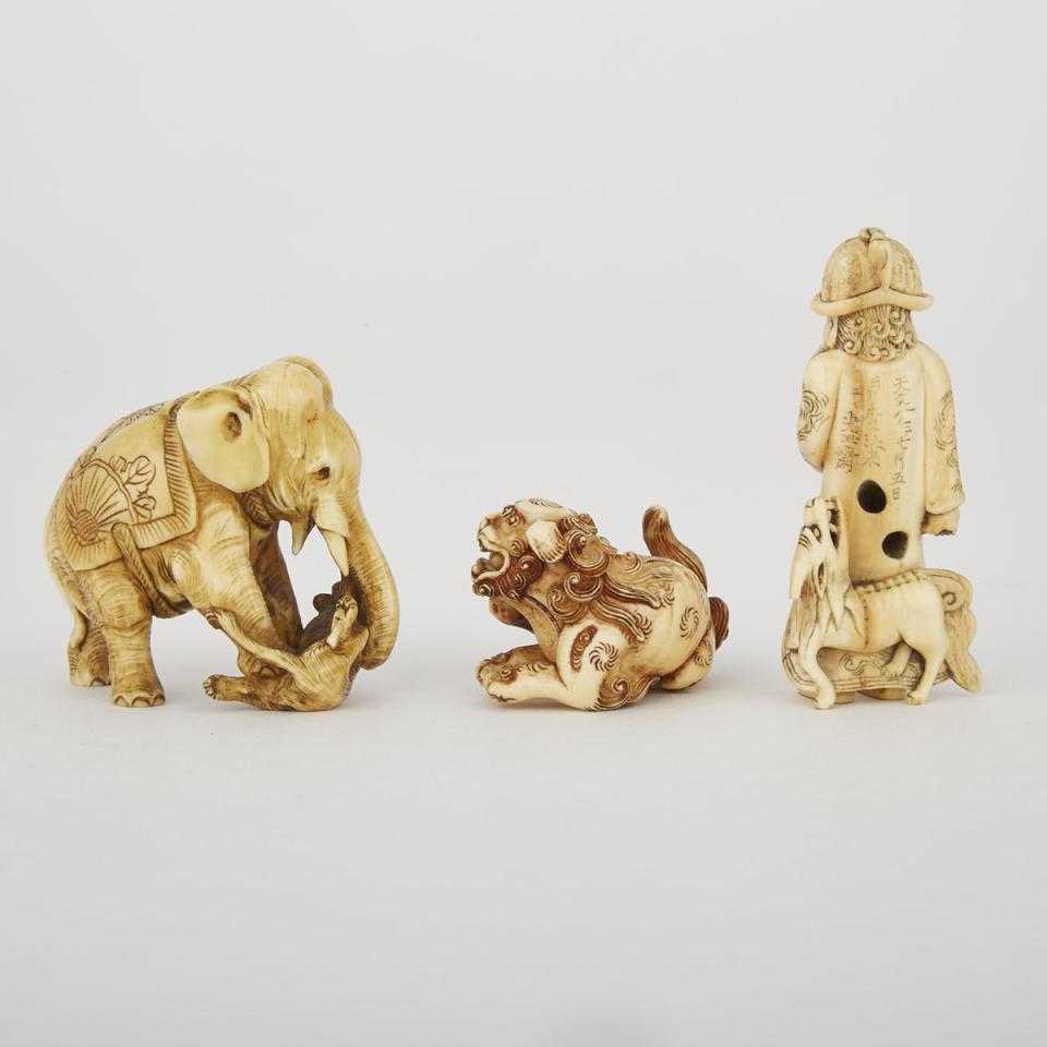 Two Carved Ivory Netsuke and a Carved Ivory Elephant, Meiji Period
