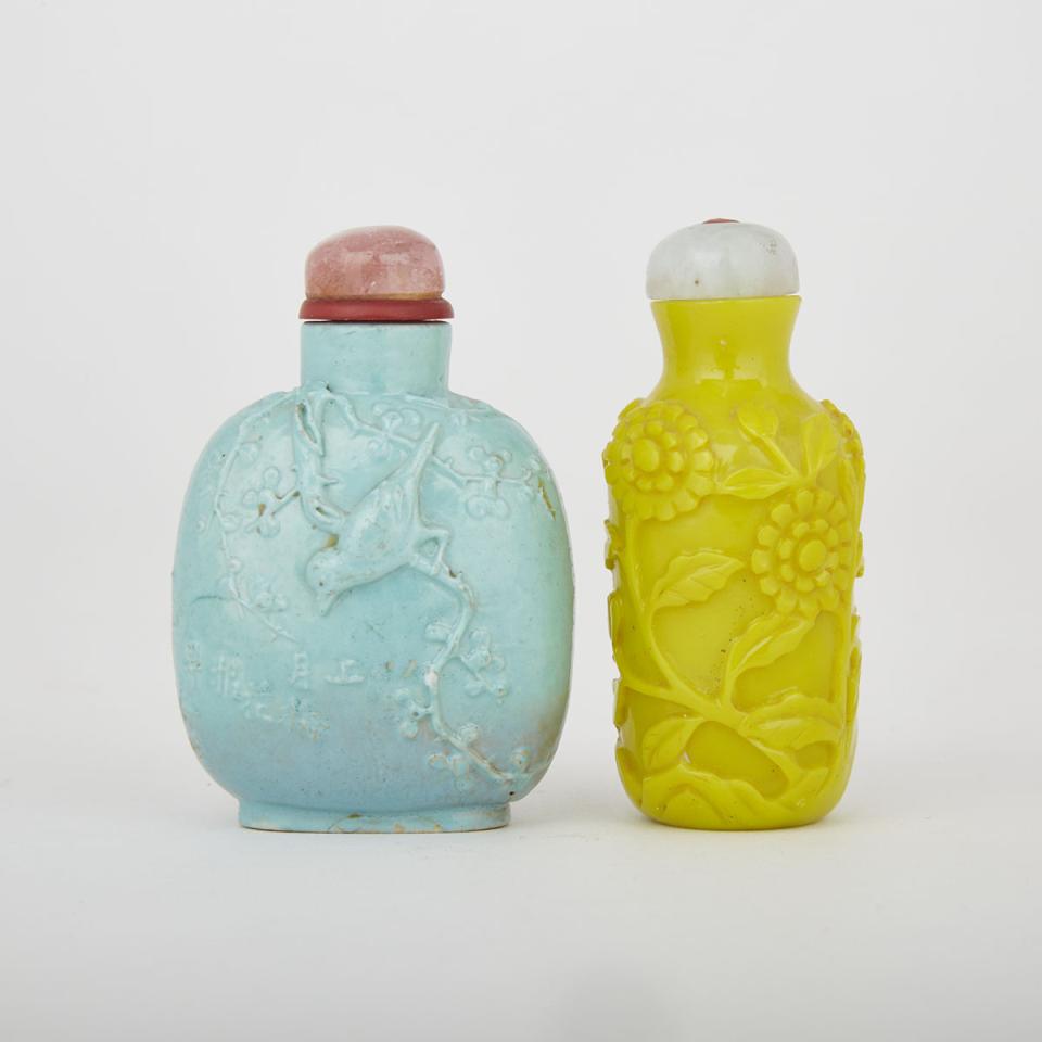 Two Snuff Bottles, Consisting of Imitation Turquoise and Yellow Peking Glass