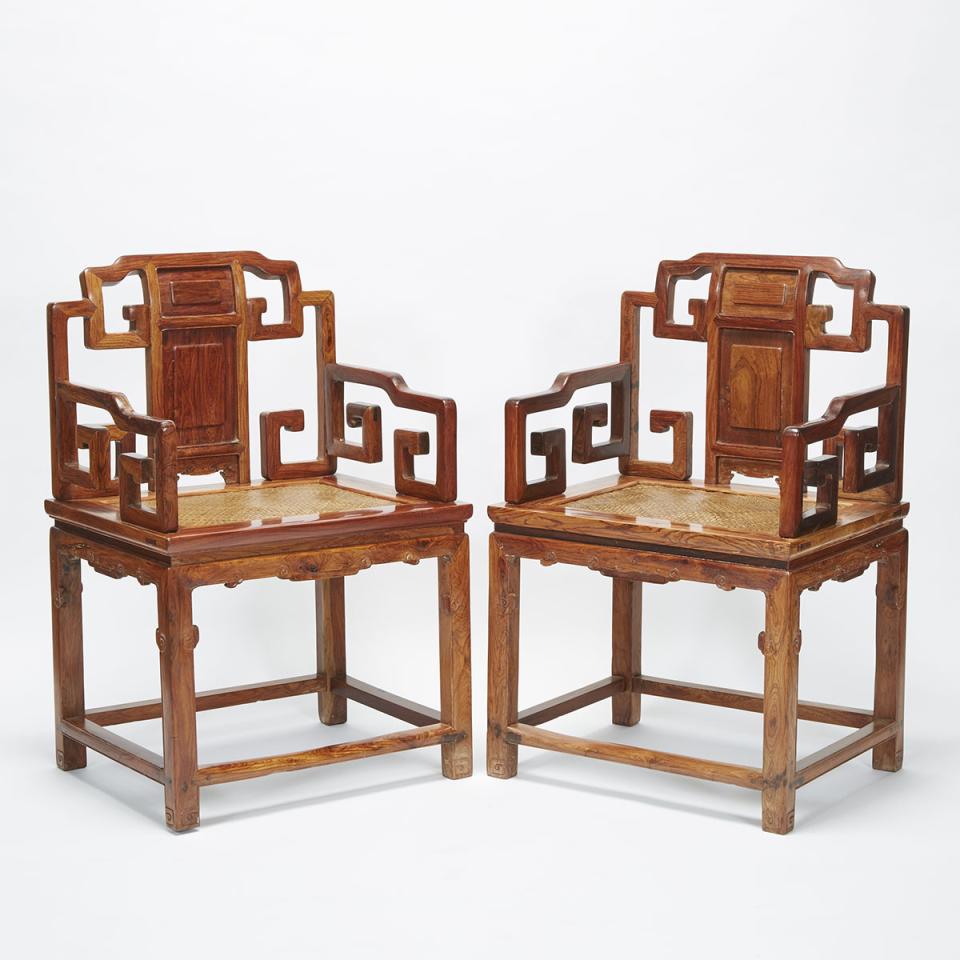 A Pair of Huanghuali ‘Taishi’ Armchairs, 19th Century