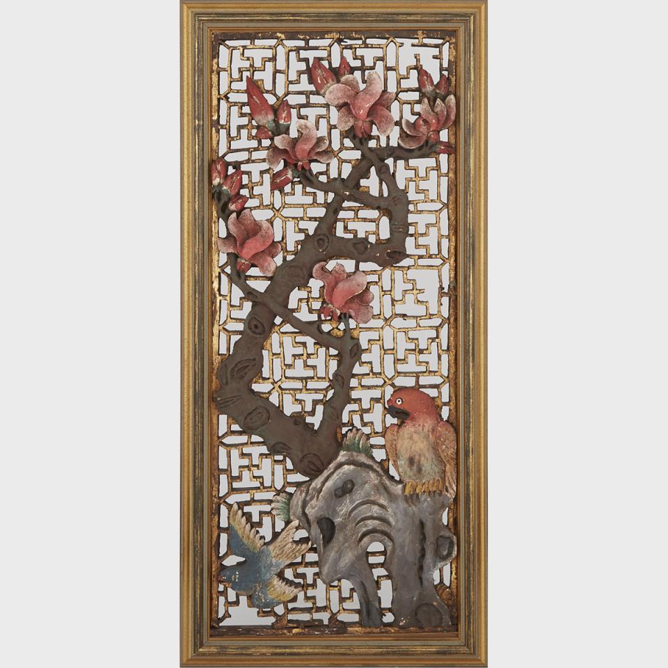 A Parrot and Songbird Gilt Wood Panel, 19th Century