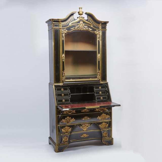 Large Continental Ebonized and Ormolu Mounted Secretaire Bookcase, c.1900