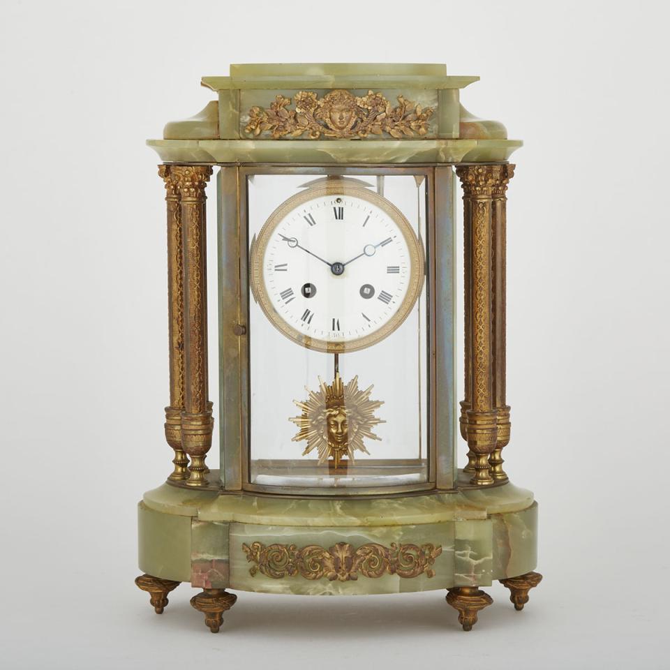 French Ormolu Mounted Glass Panelled Onyx Mantle Clock, c.1900