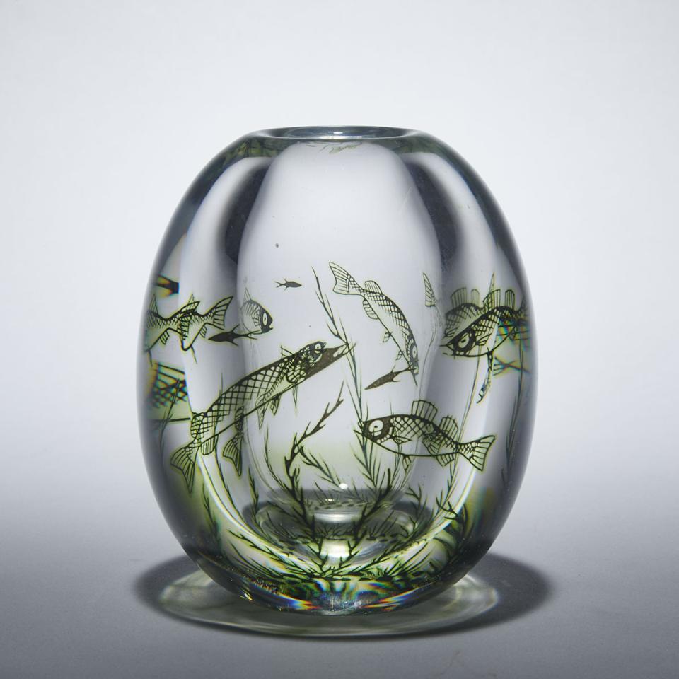 Orrefors Graal Glass Fish Vase, Edvard Hald, c.1960