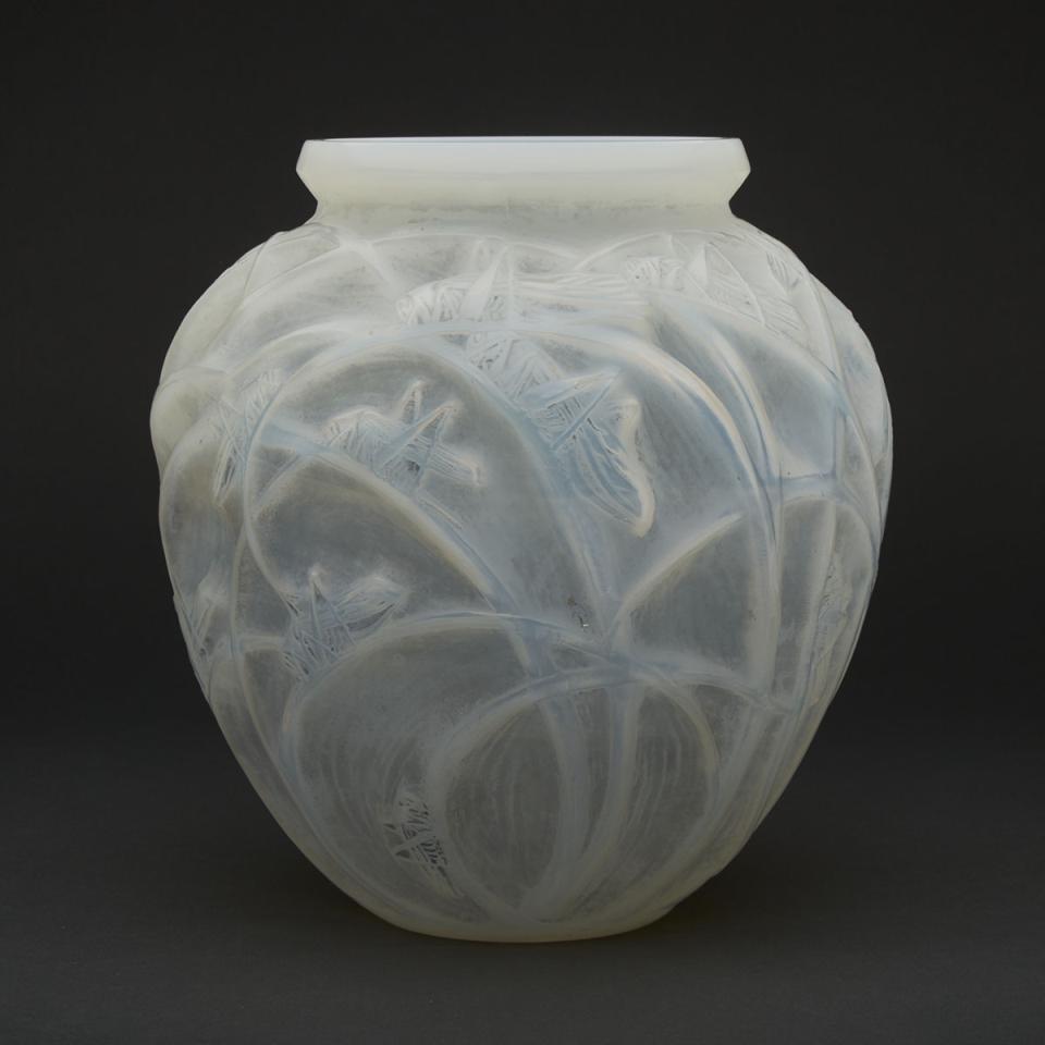 ‘Sauterelles’,  Lalique Moulded, Frosted and Enameled Opalescent Glass Vase, 1920s