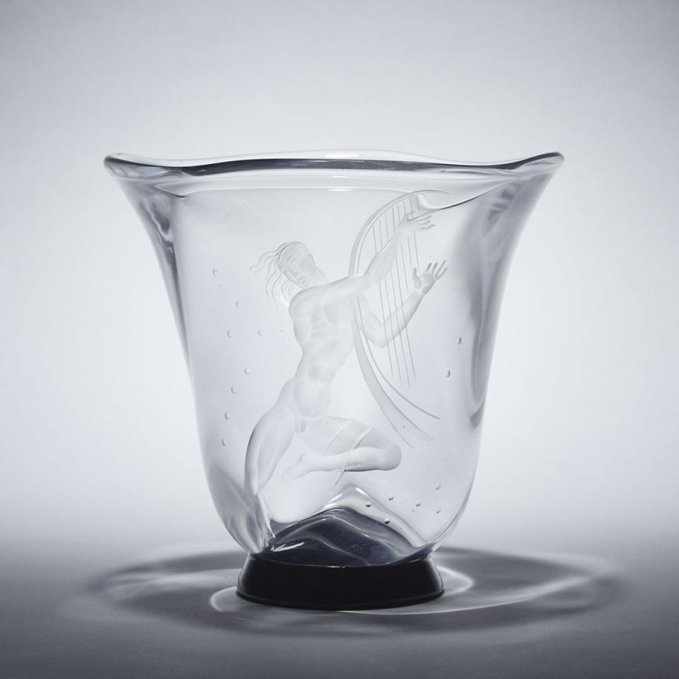Orrefors Engraved Glass Vase, Vicke Lindstrand, 1934