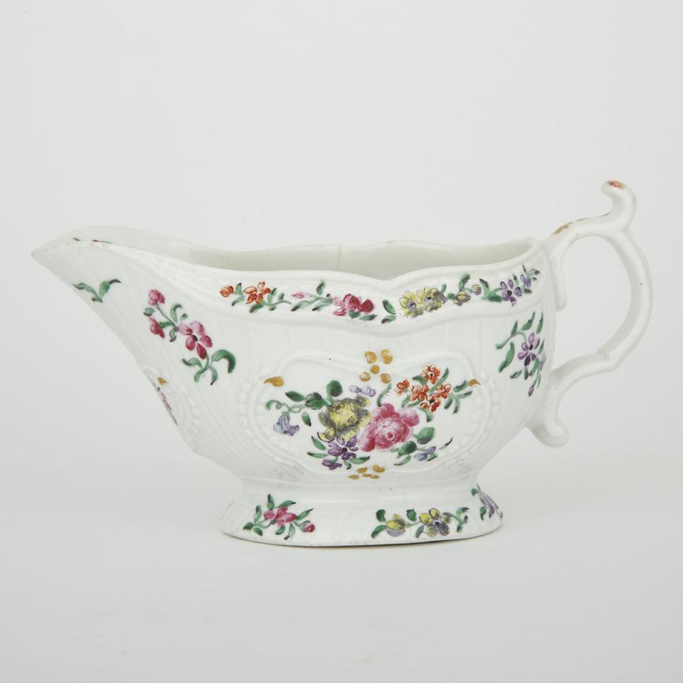 Worcester Polychrome Strap Fluted Sauce Boat, c.1768-72