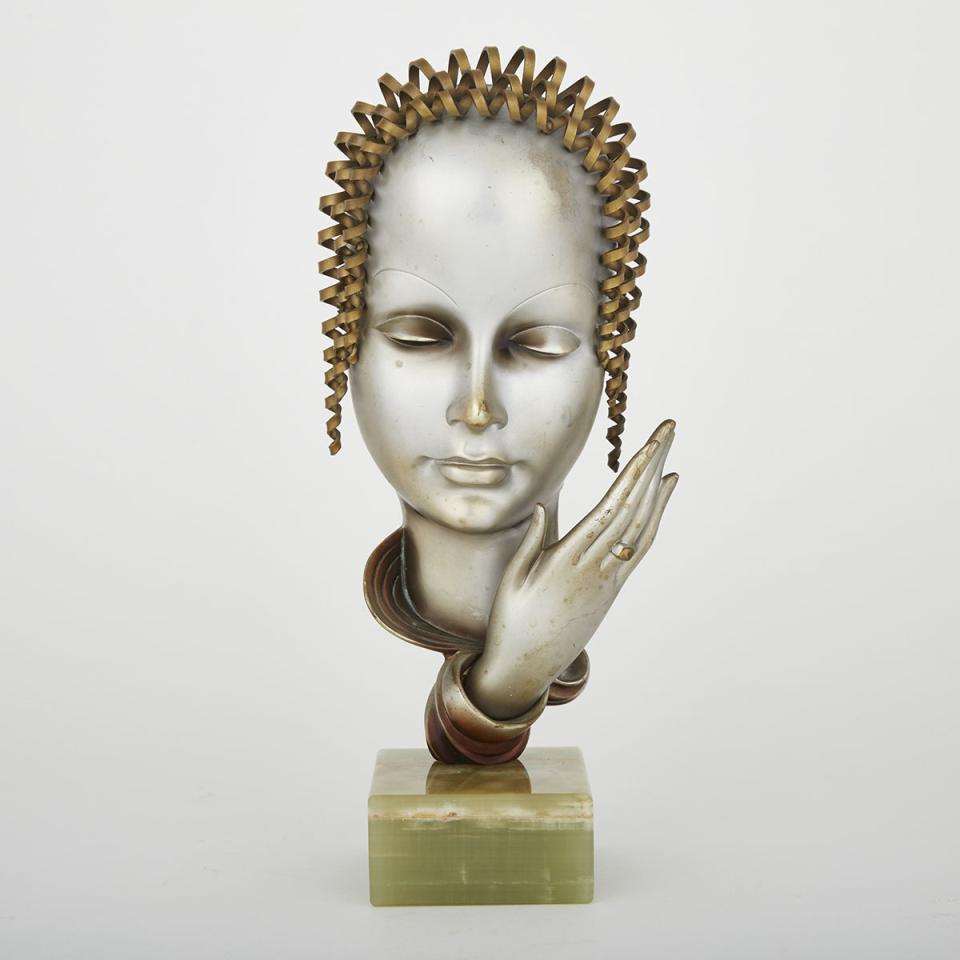 Stefan Dakon Cold Painted Bronze Mask of a Young Woman, Vienna, c.1925