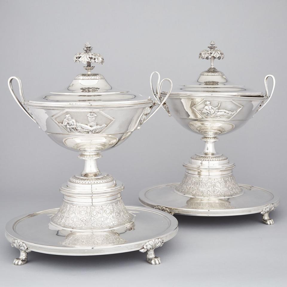 Pair of Austro-Hungarian Silver Two-Handled Covered Tureens and Stands, Vienna, 1800