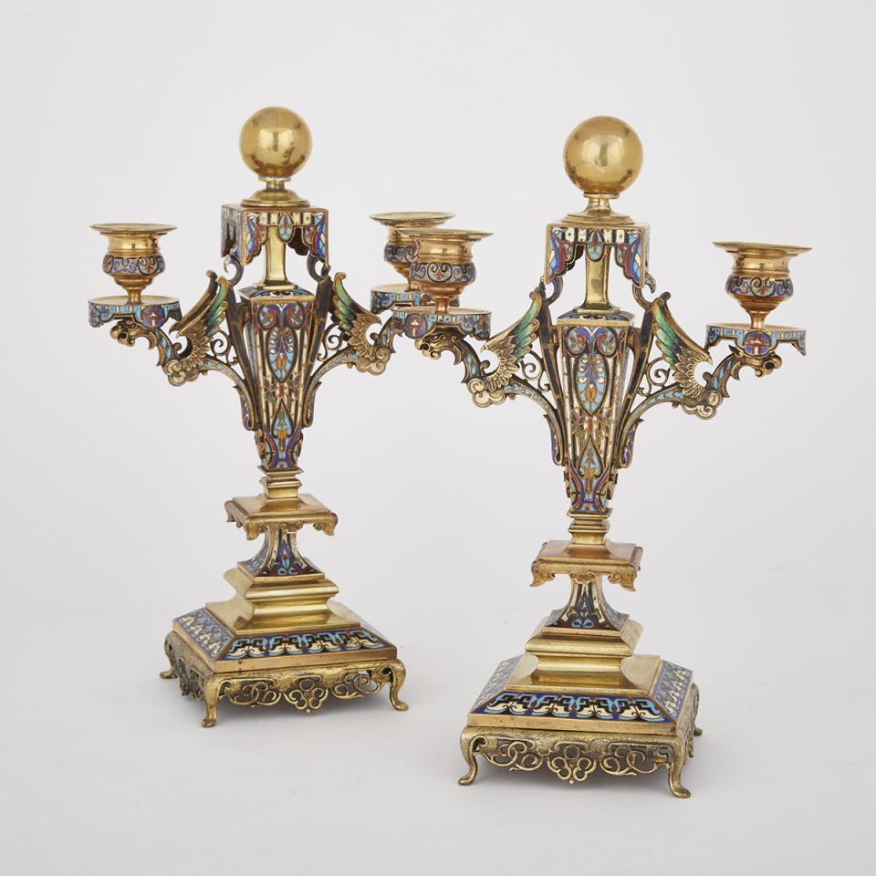 Pair of French Aesthetic Movement Champlevé Enamelled Two Light Candelabra, c.1870