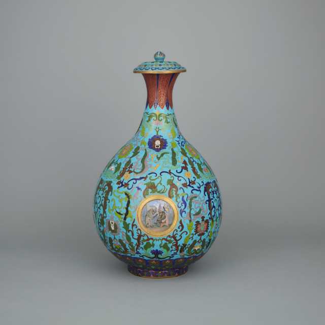 An Unusual Chinese Export Cloisonné Vase with Inlaid English Prattware Pot Lid Roundels, 19th Century