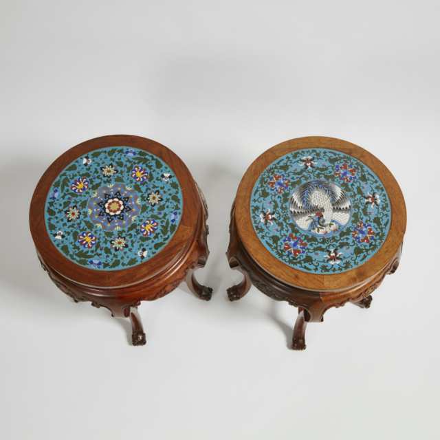 A Pair of Chinese Cloisonné Top Hardwood Stools