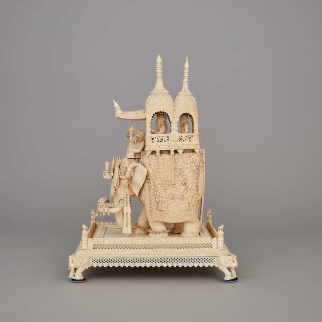An Indian Ivory Carving of a Mughal Emperor Riding an Elephant, Early 20th Century