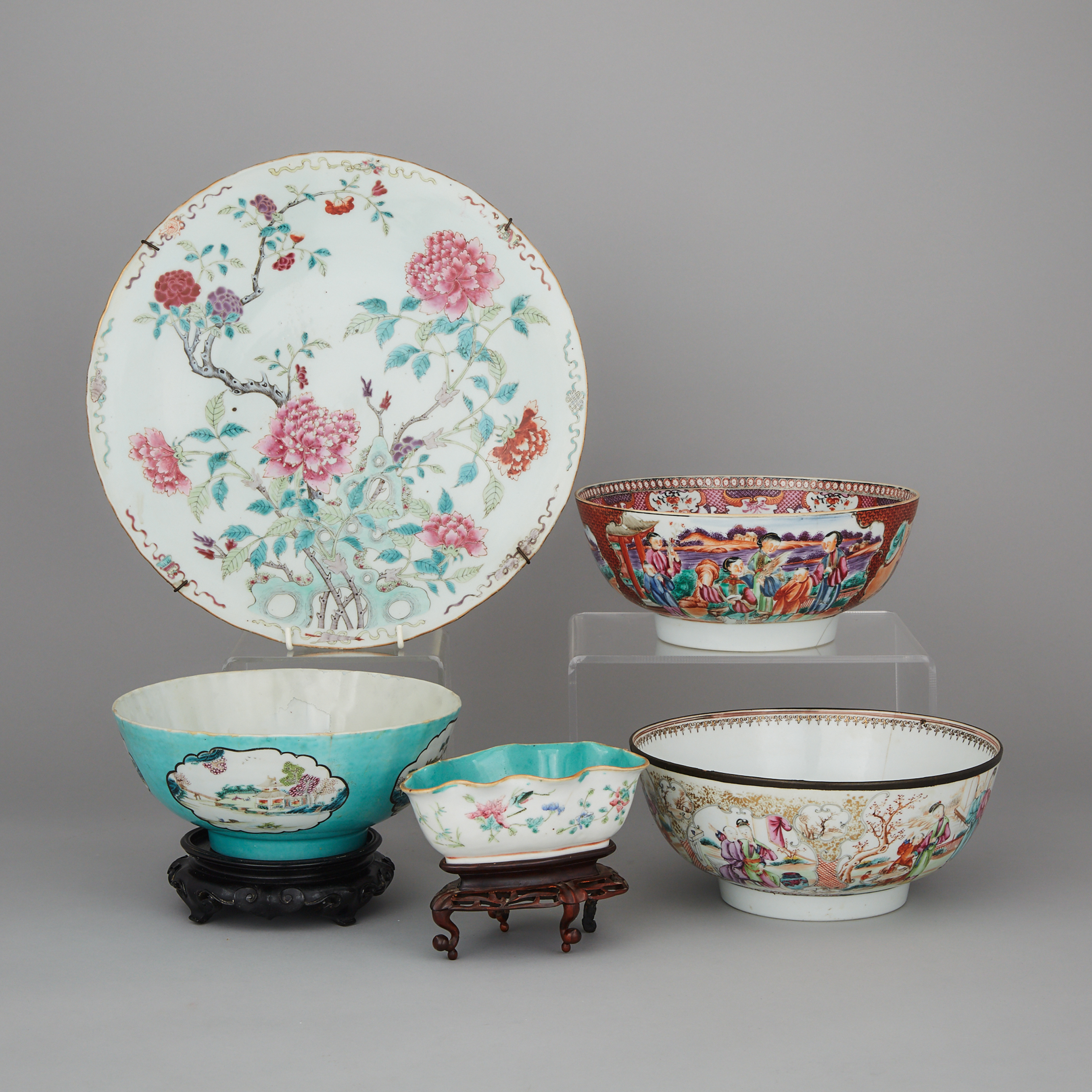 A Group of Five Famille Rose Export Wares, 18th  Century and Later