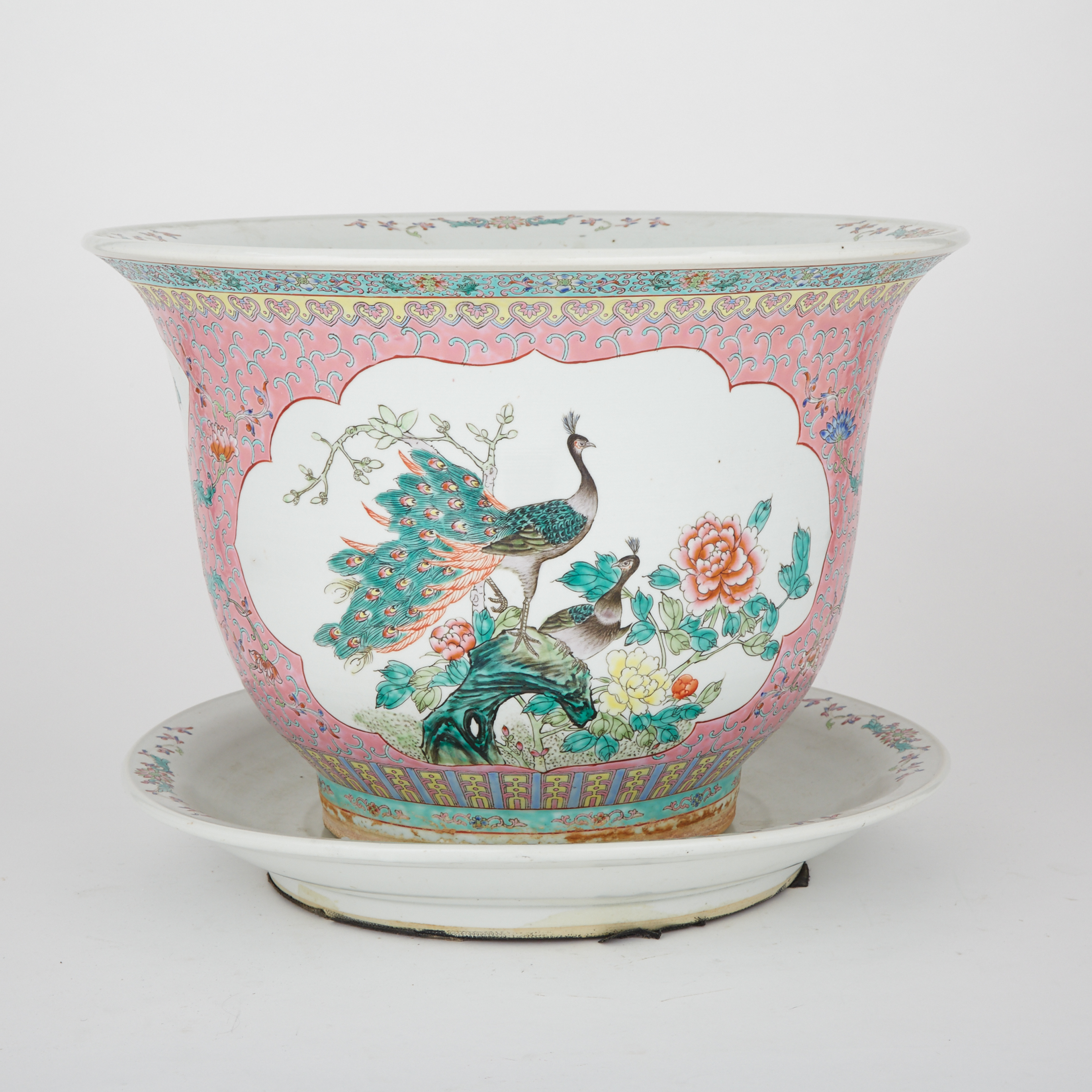 A Famille Rose Jardinière and Saucer, 20th Century
