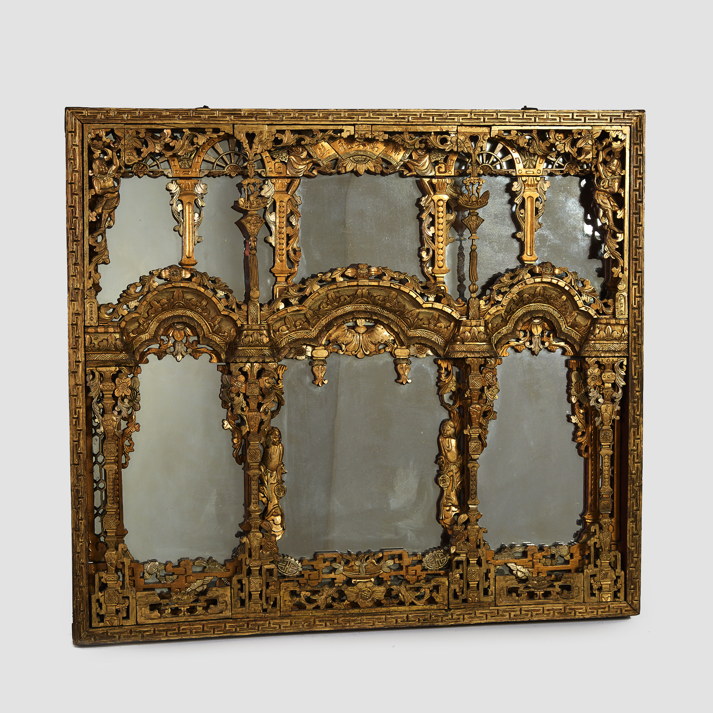 A Chinese Gilt Wood Temple Carving Framed Mirror