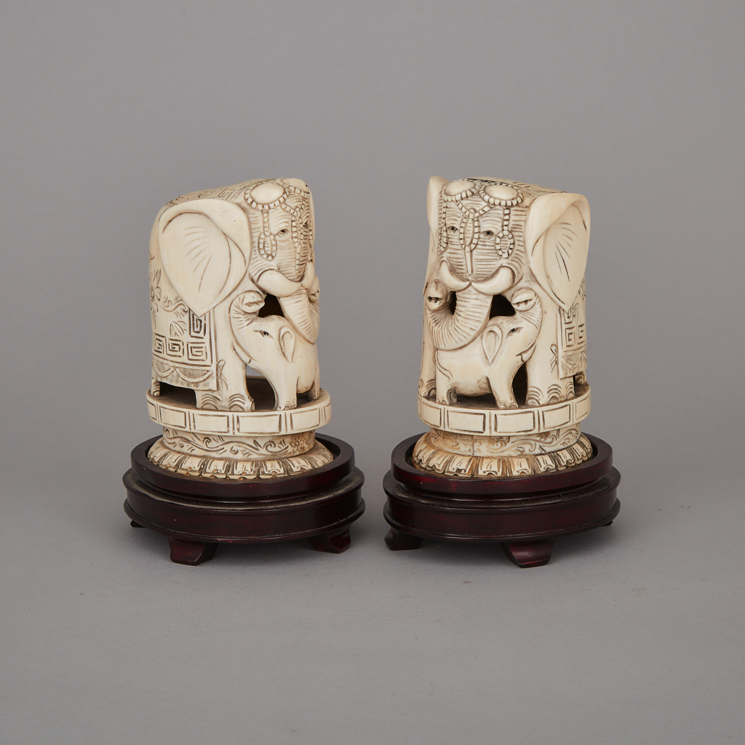 A Pair of Ivory Carved Elephants, Late 19th Century