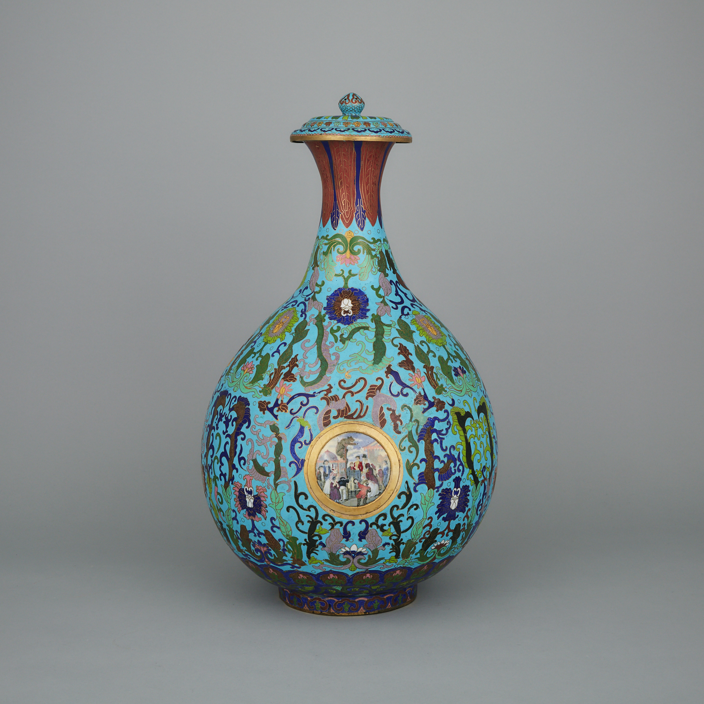 An Unusual Chinese Export Cloisonné Vase with Inlaid English Prattware Pot Lid Roundels, 19th Century