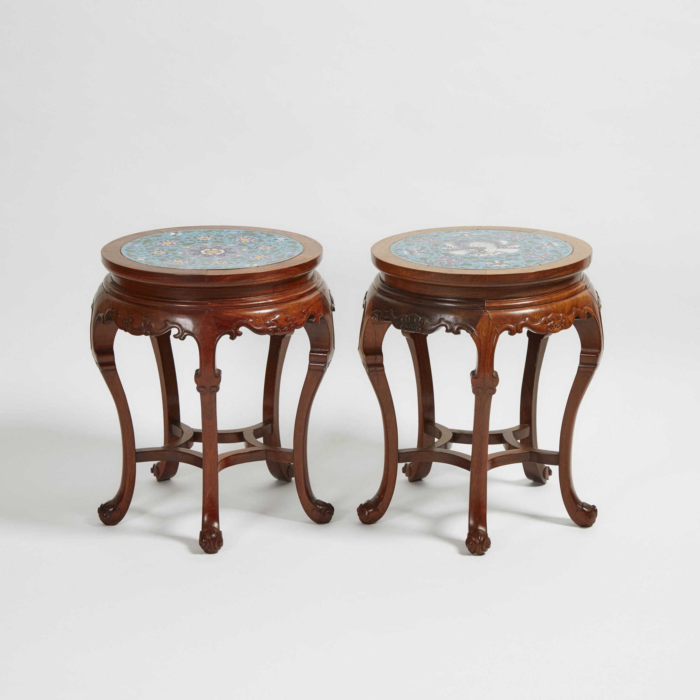 A Pair of Chinese Cloisonné Top Hardwood Stools