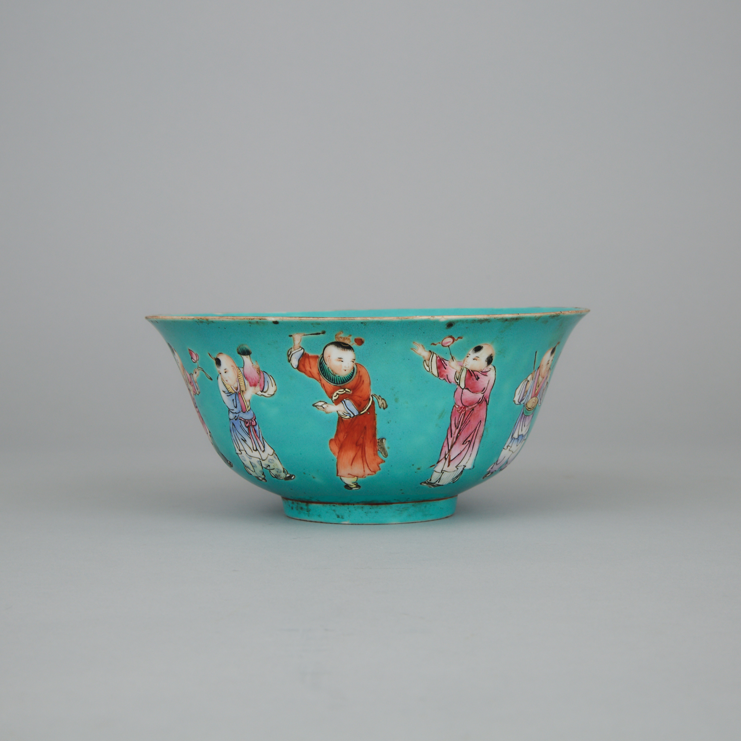 A Turquoise Ground Famille Rose 'Boys' Bowl, Republican Period