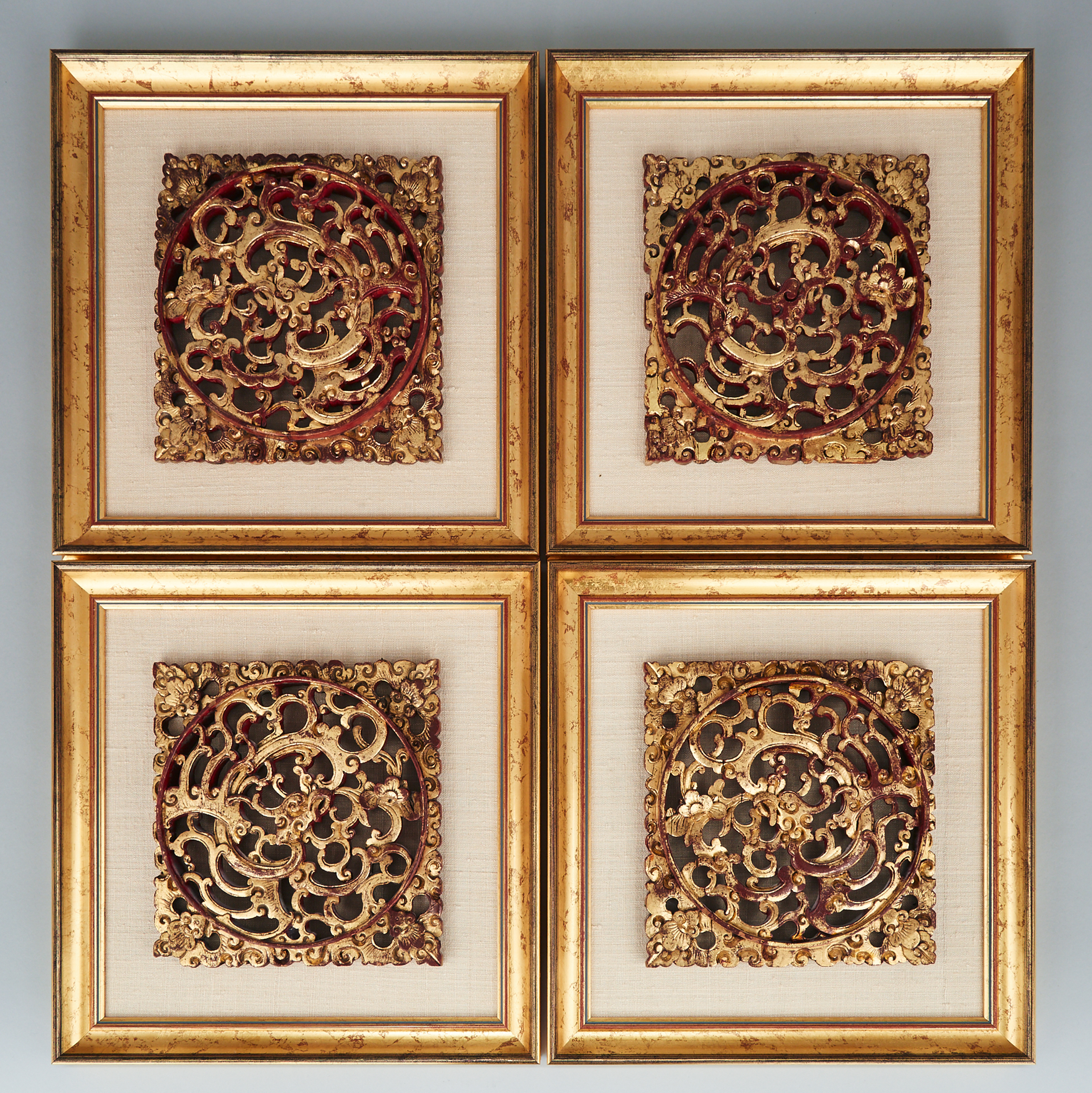 A Set of Four Framed Gilt Wood Phoenix Carvings, 19th Century