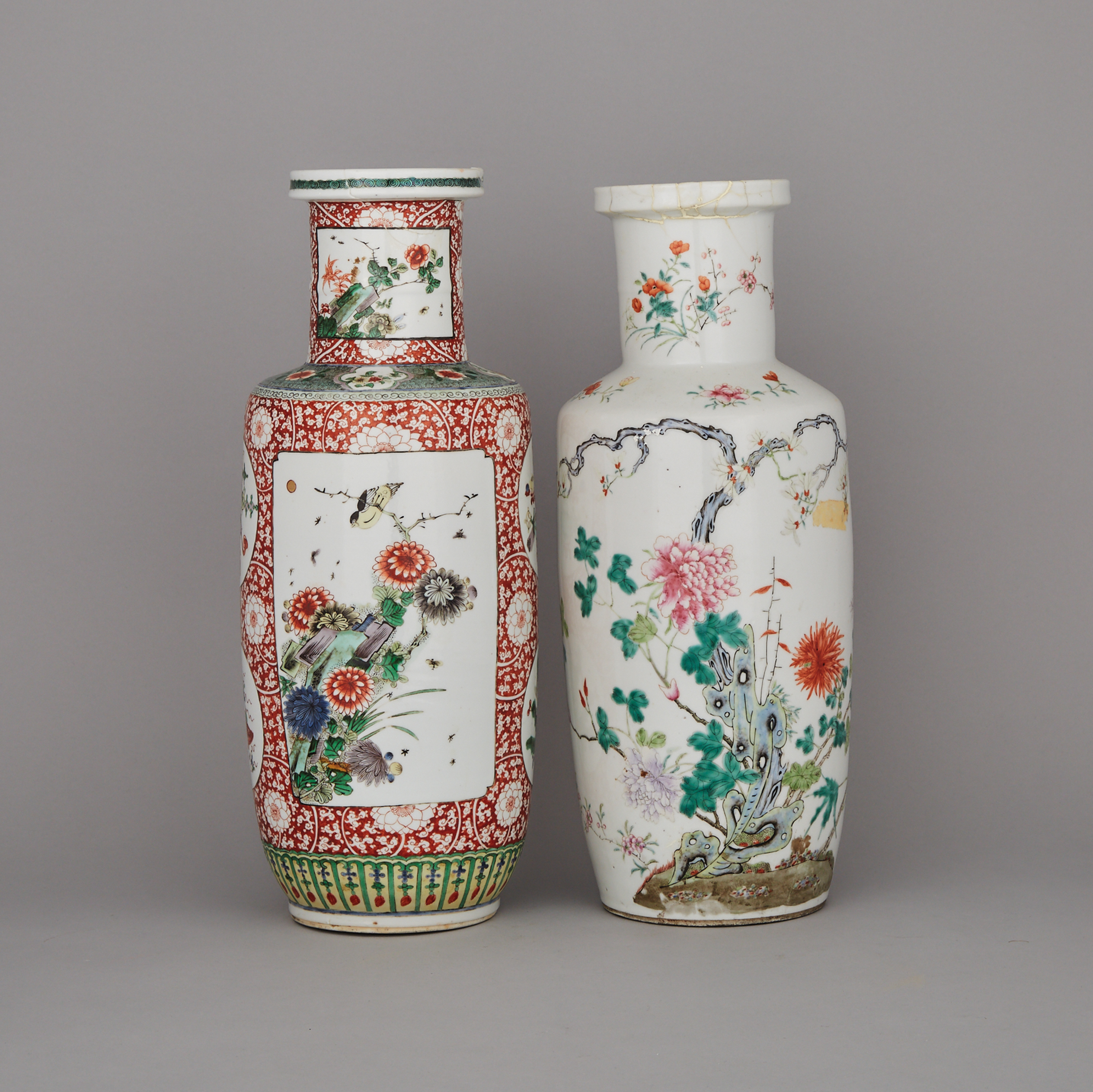 Two Famille Rose Rouleau Vases