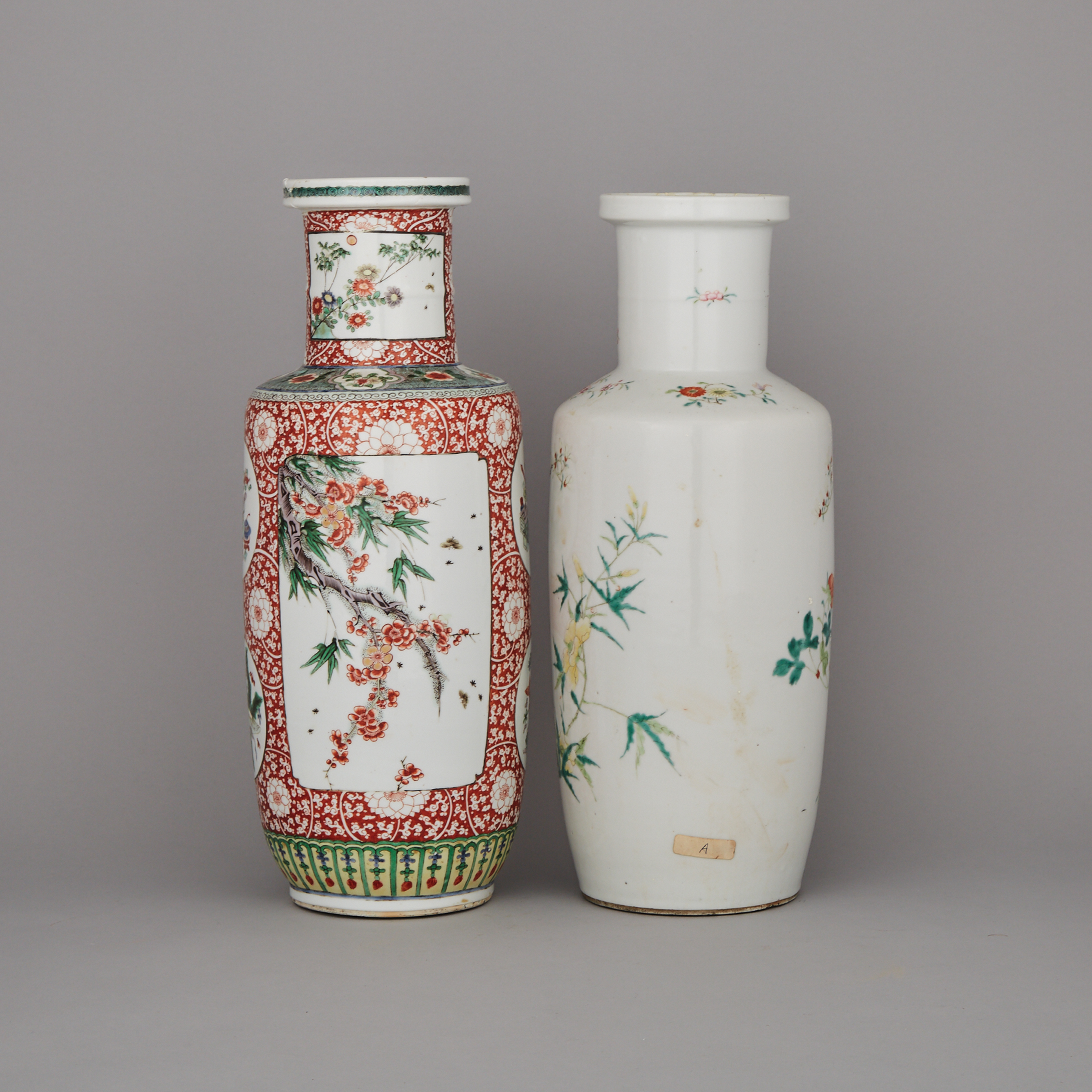 Two Famille Rose Rouleau Vases