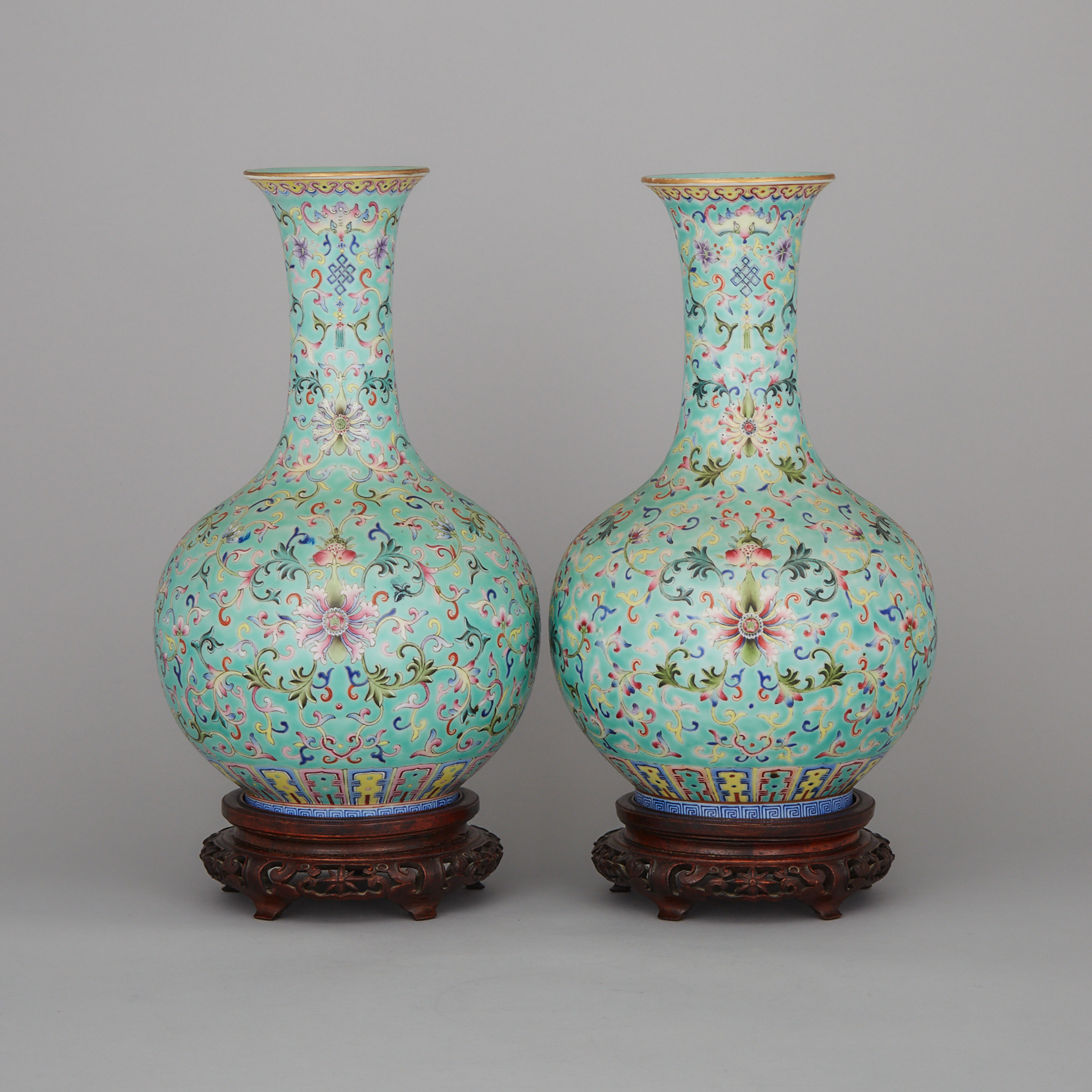 A Pair of Turquoise-Ground Famille Rose Vases, Jiaqing Mark, Late 19th Century