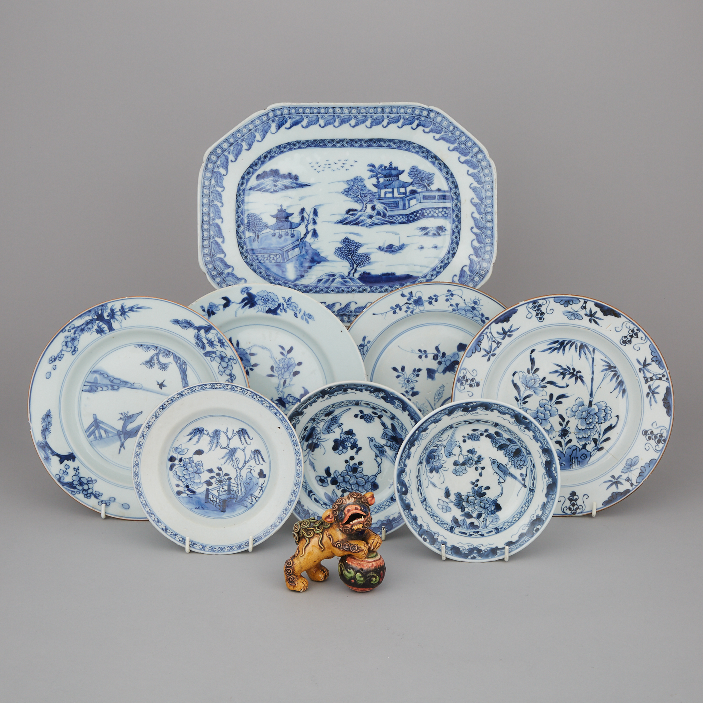 A Group of Eight Export Blue and White Dishes, 19th/20th Century