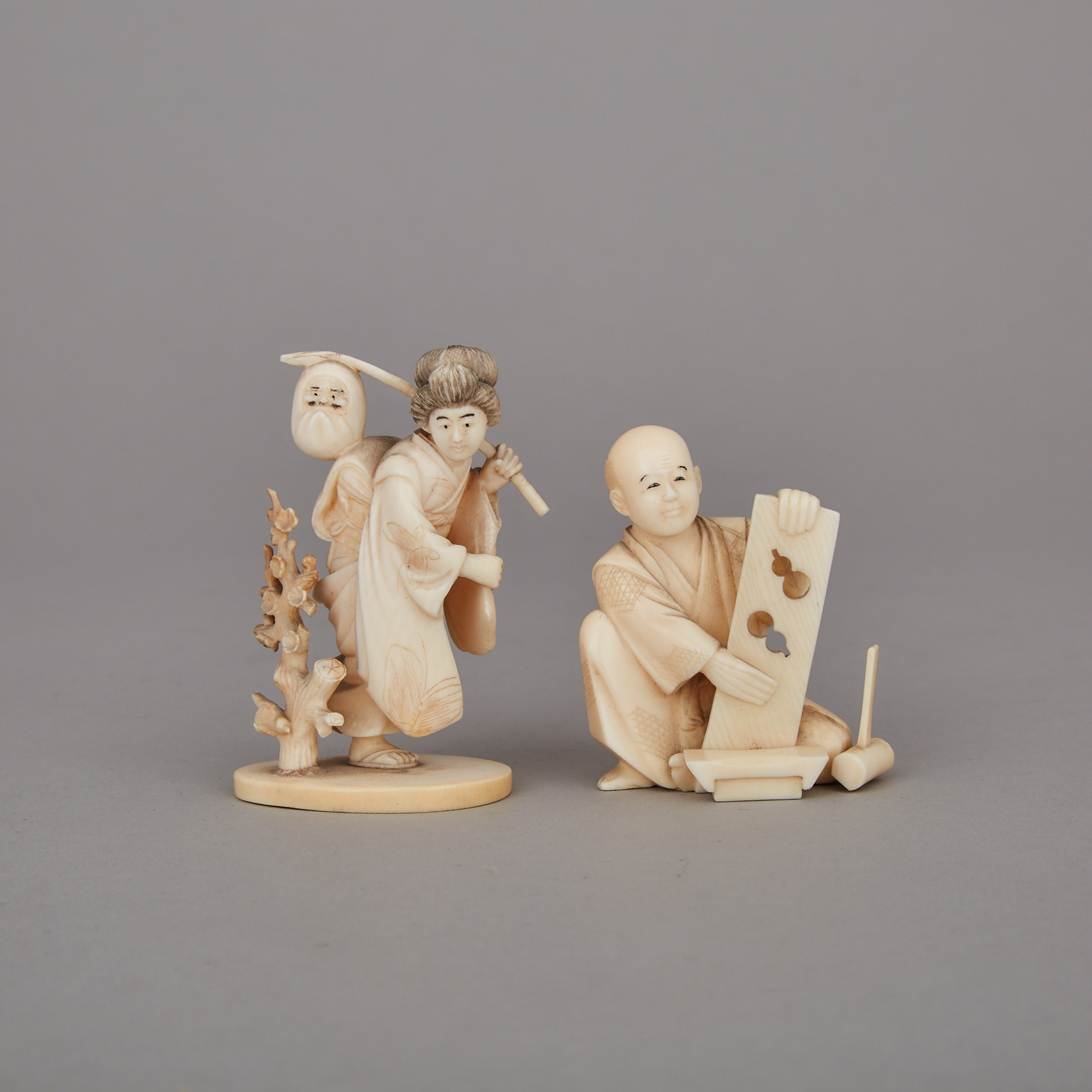 Two Ivory Carved Okimono, Meiji Period