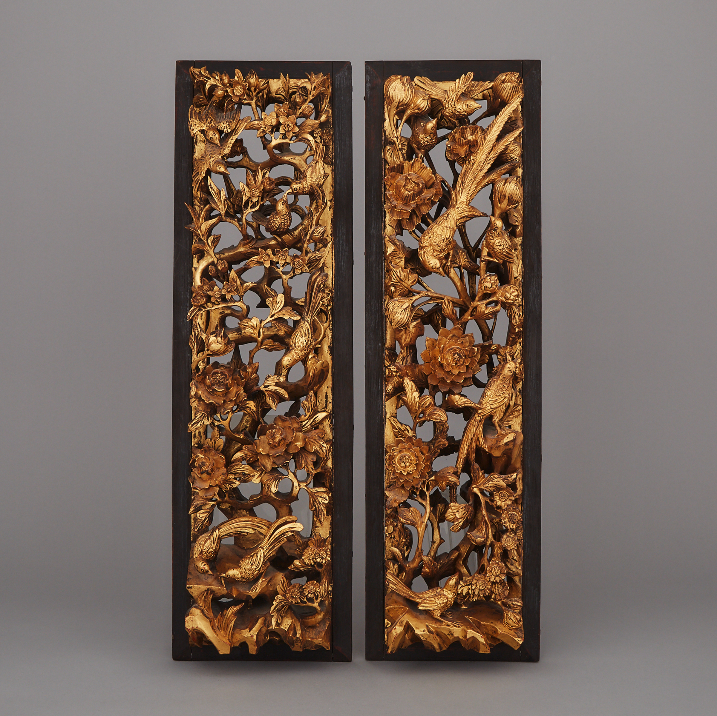 A Pair of Chinese Gilt Wood Carved Temple Panels, Late Qing Dynasty
