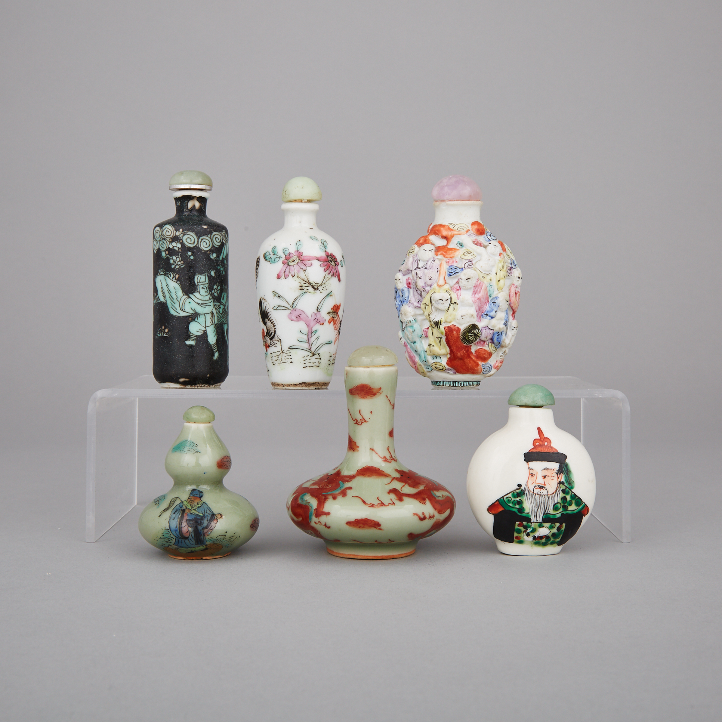 A Group of Six Painted Porcelain Snuff Bottles