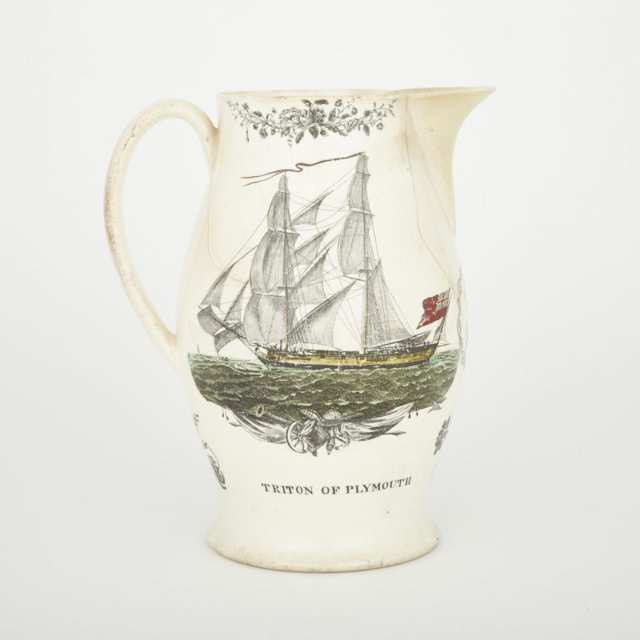 English Printed Creamware Jug, ‘Isaac of Whitehaven’ and ‘Triton of Plymouth’, dated 1802