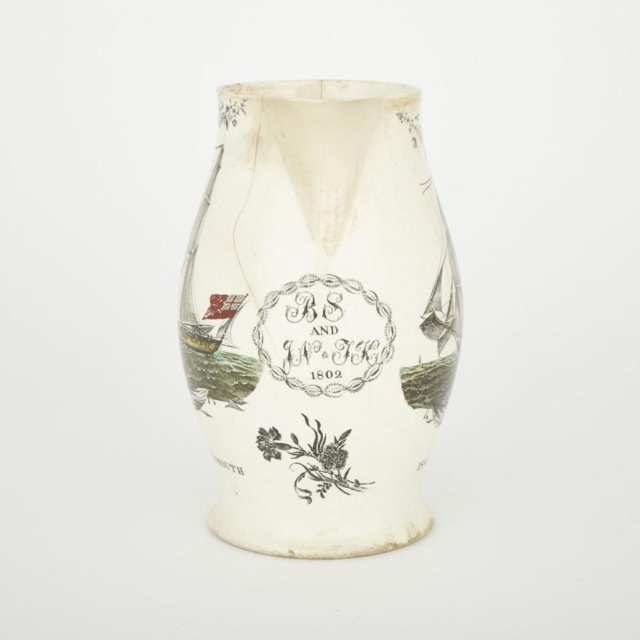 English Printed Creamware Jug, ‘Isaac of Whitehaven’ and ‘Triton of Plymouth’, dated 1802