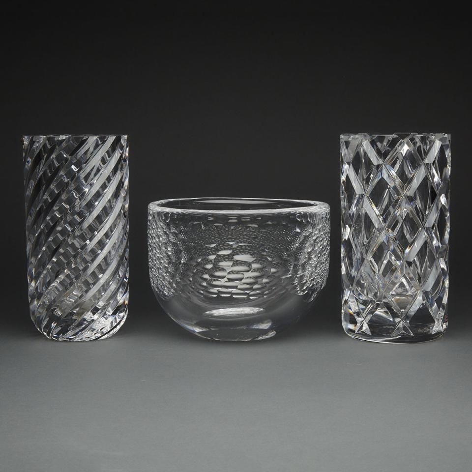 Two Orrefors Cut Glass Vases and a Bowl, 20th century