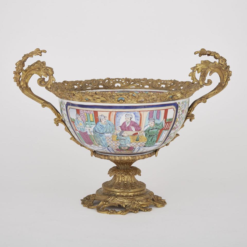 Ormolu Mounted Chinese Export Famille Rose Porcelain Punch Bowl, early 20th century