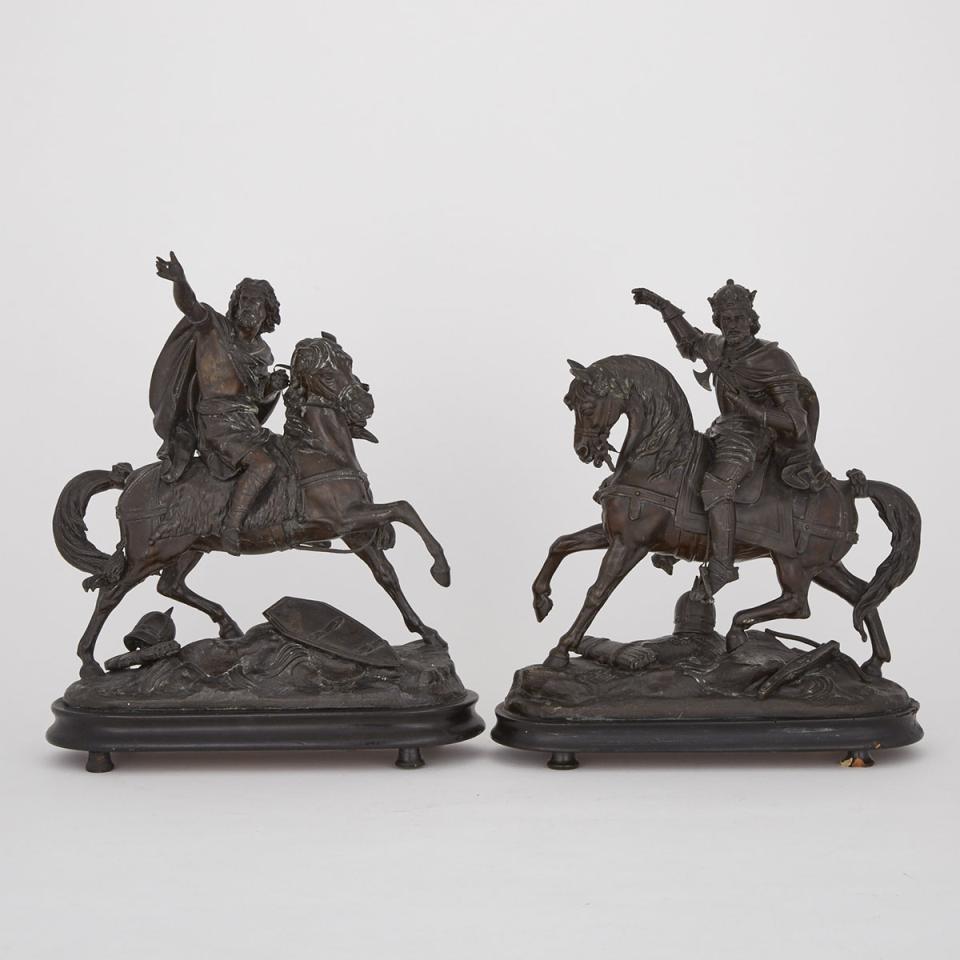 Pair of White Metal Medieval Style Equestrian Groups, 19th century 