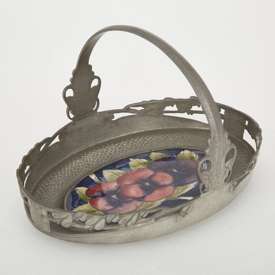‘Tudric’ Pewter Mounted Moorcroft  Pansy Oval Basket, c.1920